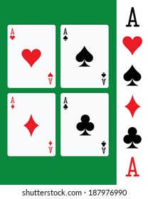 Vector suited aces playing cards set over a green felt background