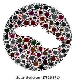 Collage del mapa del virus SARS en la isla de Sumba vectora. La infección ataca el territorio de bloqueo desde la zona externa. Collage del mapa de la isla Sumba creado con elementos de infección.