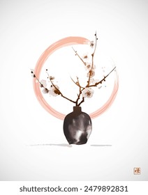 Vector sumi-e style art of a vase with blossoming sakura cherry branches and a pink circular brushstroke. Hieroglyph - well-being.