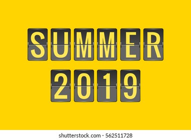 Vector Summer 2019, scoreboard or departure board, good for seasonal promotions, black and yellow flip sign isolated on yellow background, easy to edit