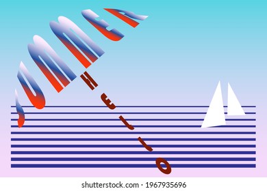 Vector summer abstract background. The lettering "Hello Summer" in the form of a beach umbrella against the background of the sea and sailing ships.