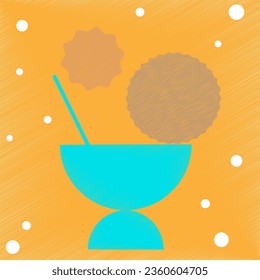 Vector summer abstract pattern in the form of a blue glass with a drink and cookies on a yellow background
