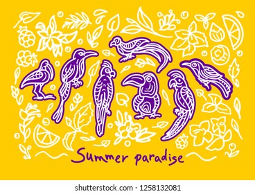 Vector summer abstract set. Ethnics ornament Tropical jungle Bright nature background Art line bird, doodle plant, flower Ornate hand drawn graphic illustration Color pattern Group of isolated objects