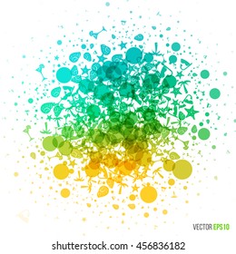 Vector summer in abstract style. Dotted splash of circles, shells, palms, cocktail glass and starfish. Colourful artwork in yellow, turquoise and blue colours. Gradient graphics for design template.