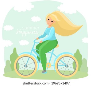 Vector summer activities or healthy lifestyle concept. Cute blonde woman traveling in forest, riding on turquoise bycicle, spend summer outside. Text towards adventures