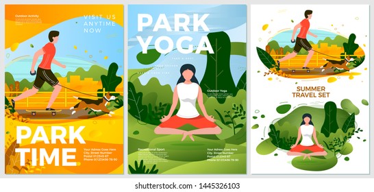 Vector summer activity posters set - yoga woman and rolling man outdoors. Forests, trees and hills on background. Print template with place for your text.