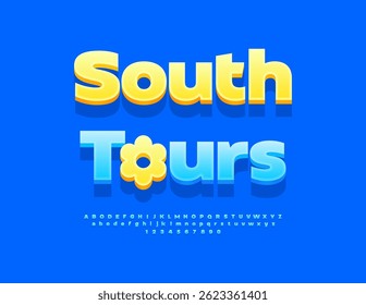 Vector Summer Advertisement South Tours with Decorative Sun. Isometric Blue Font. Modern Alphabet Letters and Numbers.