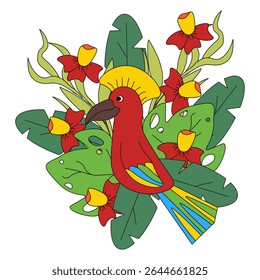 Vector Summer art. Tropical bird plants and flowers isolated transparent background. Ideal t-shirt print poster textile fabric decor. EPS 10