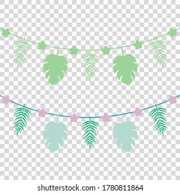 Vector summer background with 2 kinds of garlands of flowers and palm leaves in pink, green and blue colors. Vector illustration.