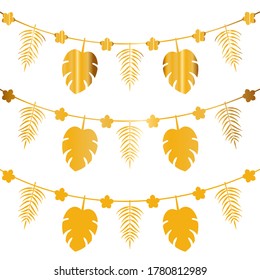 Vector summer background with 3 kinds of garlands of flowers and palm leaves in gold and yellow colors. Vector illustration. White background.