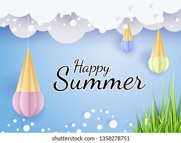 Vector summer background 3d paper cut with lace, clouds on the sky, ice cream