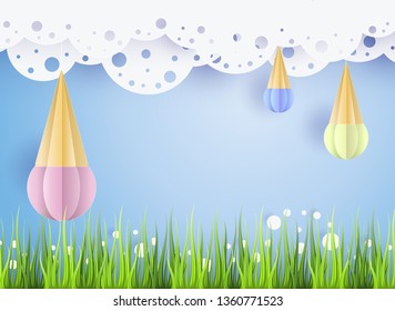 Vector summer background 3d paper cut with lace, clouds on the sky, ice cream