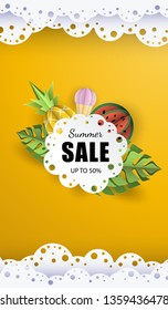 Vector summer background banner 3d paper cut with lace, ice cream. Fruit pineapple and watermelon. Flyer for advertising sales