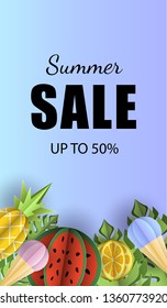 Vector summer background banner 3d paper cut with, ice cream. Fruit pineapple and watermelon. Flyer for advertising sales
