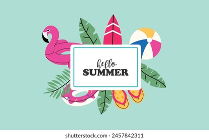 Vector summer background, banner. Bright summer background with flamingo, surfboard, ball, flip flops. Advertising poster, space for text. Blue isolated background.