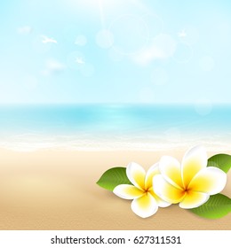 Vector summer background with beach, sea, waves and tropical flowers. Travel template with plumeria, blurred effect for design banner and flyer with space for text. File contains clipping mask.