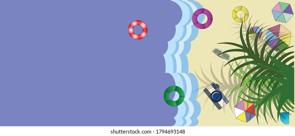 Vector summer background, beach with umbrellas, palm trees, lifebuoys and sea waves. Paradise island for relaxation