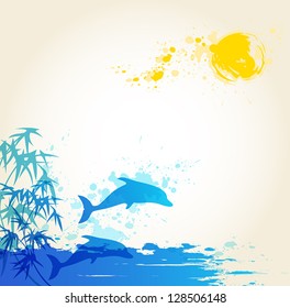 Vector summer background with blue sea and dolphins