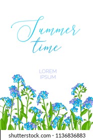 Vector summer background. Blue and violet forget-me-nots on white background. There is copy space for your text. A5 portrait format paper size with bleed 2 mm.