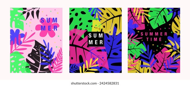Vector summer background with bright abstract tropical leaves monstera flowers. Set of modern design templates in minimalist flat style for sales, poster, header, card, cover, social media