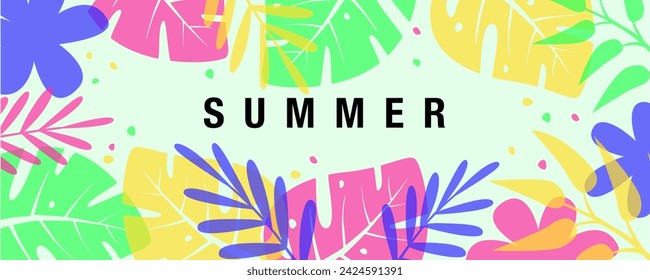 Vector summer background with bright abstract tropical leaves monstera flowers. Modern design templates in minimalist flat style for sales, poster, header, card, cover, social media