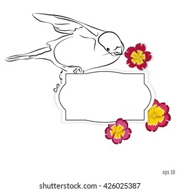Vector summer background. Bullfinch with flowers primrose on the frame