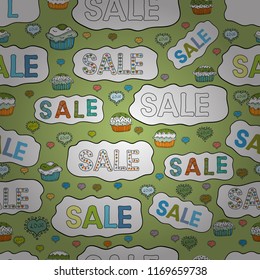 Vector. Summer background. Card for shoping. Promotion offer with nice elements decoration in green, white colors. Sale banner template with cute elements in colorful background. Seamless pattern.