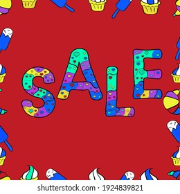 Vector. Summer background. Card for shoping. Promotion offer with nice elements decoration in black, blue, red colors. Seamless pattern. Sale banner template with cute elements in colorful background.