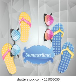 Vector summer background with carved place for text, sunglasses and flip-flops on geometric background