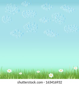 Vector Summer Background with Cloud, Sheep and Grass.