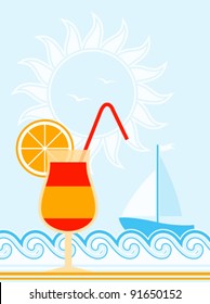 vector summer background with cocktail, waves and sailboat