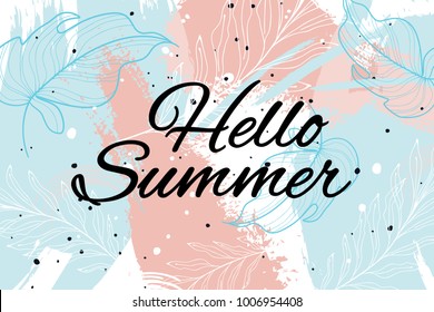 Vector summer background. Cool modern leaves and stroke grunge texture. Pastel beige blue splash