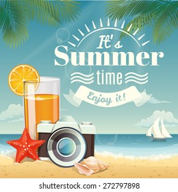 Vector summer background with summer elements. Poster or card for summer travel agency. 