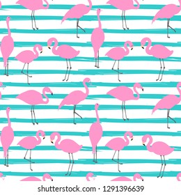 Fondo de verano vectorial. Flamingo con fondo rayado. Impresión veraniega, papel, ropa o diseño textil. Patrón brillante y transparente.