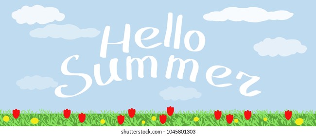 Vector of summer background with flowers field and words hello summer
