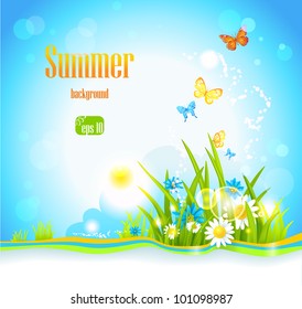 Vector summer background  with flowers, sunlight and butterflies. Space for text.