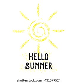 Vector summer background. Summer fun. Hello Summer vector illustration. Say Hello to summer. Summer fun quote. Hand lettering summer typography poster. Handwritten summer lettering. Summer banner.