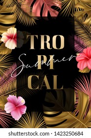 Vector summer background with gold and green tropical leaves, colorful flowers