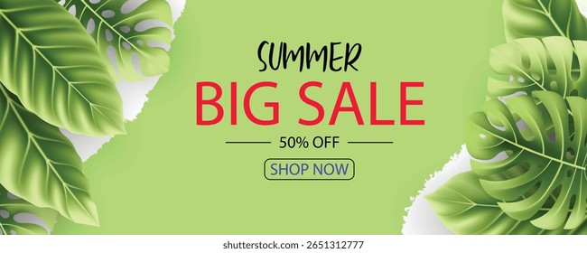 Fondo de verano de Vector con hojas tropicales verdes y texto en negrita para promociones de temporada. Los tonos verdes brillantes evocan frescura y energía, adecuados para los anuncios de verano de temática ecológica.