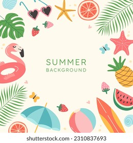 Vector summer background with hand drawn tropical leaves, flowers, exotic fruits, seashells, beach assecories. Modern template for poster, banner, social media post, cover, invitation.