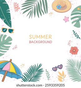 Vector summer background with hand drawn tropical leaves, flowers.  Perfect for seasonal banners, social media, poster, banner, post, cover, invitation.