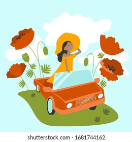 Vector summer background. Happy young woman in a hat enjoys the ride by cabriolet. Car trip to the meadow of poppies.