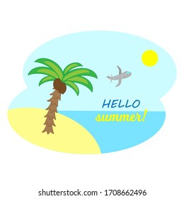 Vector summer background with holiday elements . Beach, sea, palm, sun and plane