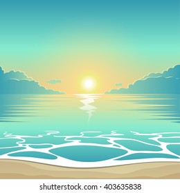 Vector summer background illustration beach at sunset with waves and clouds, seaside view poster