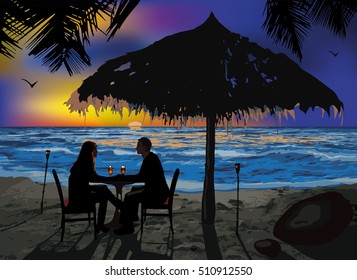 Vector. Summer background, illustration of the evening beach at sunset with waves on the shore. Beautiful panoramic sea view. Rest on an ocean coast