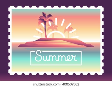 Vector summer background with illustration in gradient colors with hand-lettering text - summer