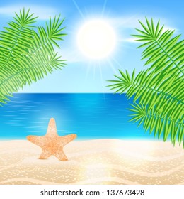Vector summer background illustration with ocean, palm leaves, beach, starfish