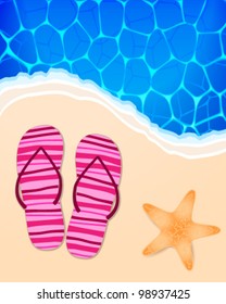 Vector summer background illustration with ocean, beach, flip-flops and starfish
