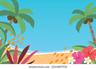 Vector summer background illustration with palm trees and tropical plants