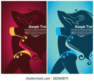 vector summer background with image of girl in  swimsuit on two bright background